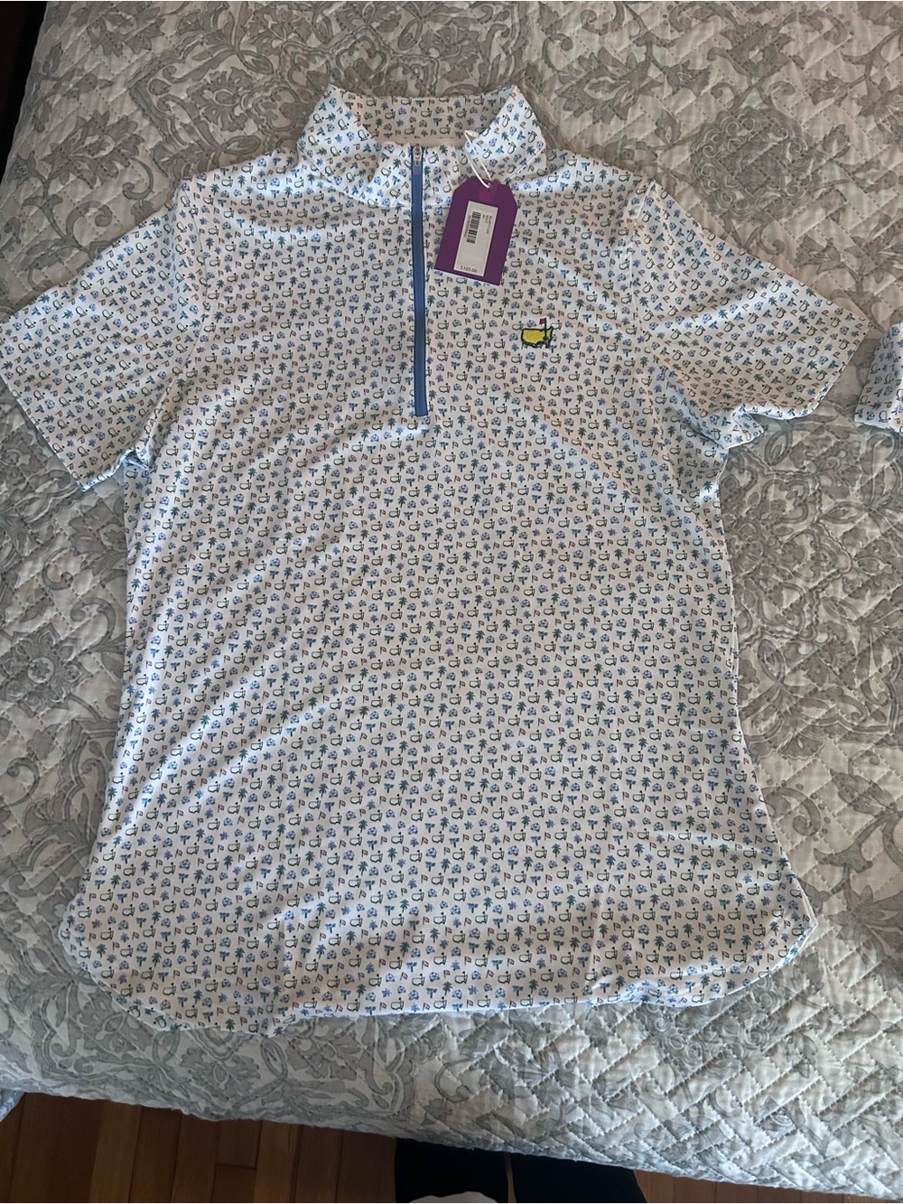 Women’s White Short-Sleeve Quarter-Zip Tee with Mini Floral Print